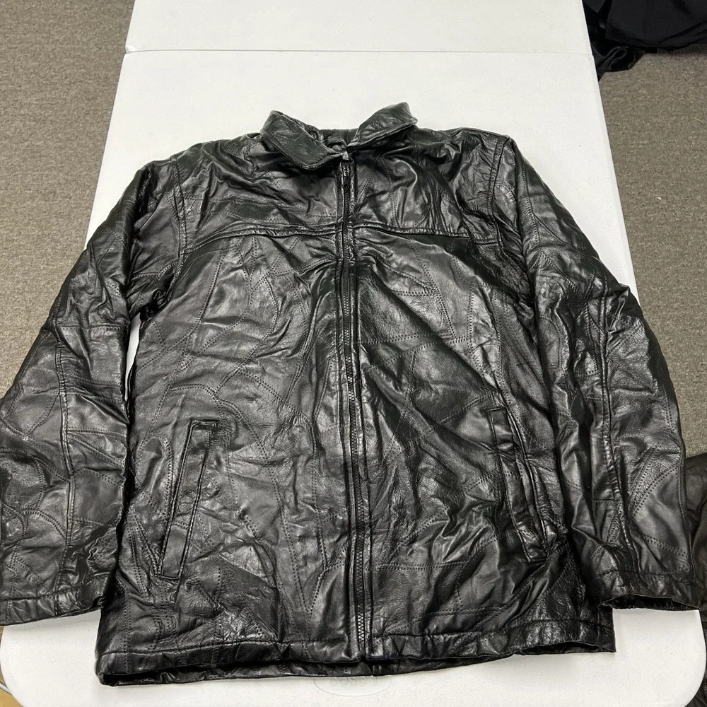 Haband Leather Jacket Mens Medium Black Patchwork Faux Fur Lined Full Zip